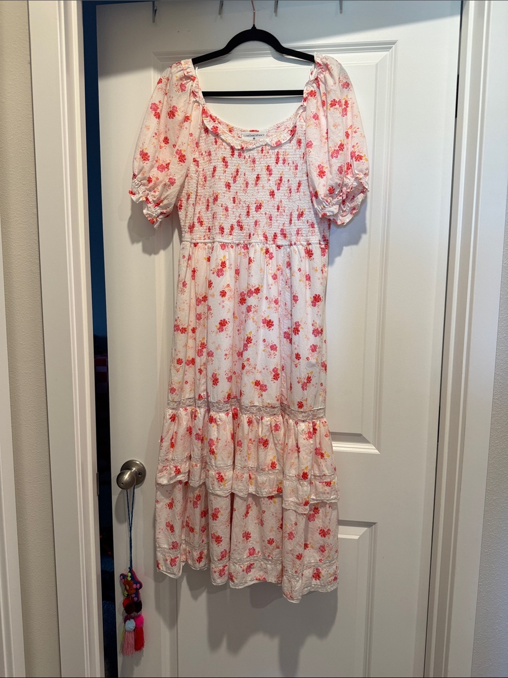 LoveShackFancy White Dress with Pink and Coral Floral Print